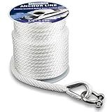 PropelTech Anchor Rope Braided Anchor Line(White, 3/8" x 100') Premium Solid Braid MFP Boat Rope with Stainless Steel Thimble & Shackle, Quality Marine Line, Boat Accessories