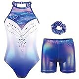 JOYSTREAM Gymnastics Leotards for Girls With Shorts Sparkly Ballet Dance Clasp Back Activewear Royalblue Necklace,8-9Years