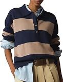 Polo Sweater Women Rugby Shirt Striped Collared Sweaters,NavyKhaki,Medium