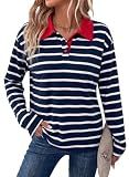 Dokotoo Womens Tops Long Sleeve Striped Oversized Tshirts, Navy, X-Large