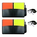 Soccer Referee Kit 2 Sets 2 Pieces Red Warning Yellow Cards with 2 Pieces Stainless Steel Referee Whistles Wallet Record Notebook Pencil