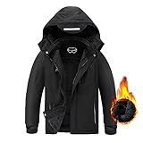 AFILOK Boy's Ski Jacket Waterproof Breathable Kids Fleece Lined Windproof Hooded Snowboard Coats (Black, 10-12)