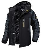 TACVASEN Men's Winter Ski Jacket Waterproof Snow Coats Snowboard Fleece Lining Jacket Warm Parka with Hooded Black Gray L