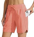 Willit Women's 7" Athletic Running Shorts Long Workout Hiking Shorts Quick Dry High Waisted Active Zipper Pocket Coral M