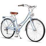AVASTA 26-Inch Women's Hybrid Bike - Lightweight Step-Through Hi-Ten Steel Frame for City Commuting - 6-Speed Comfort Bicycle in Elegant Blue with Stylish Black Tires for Woman Female