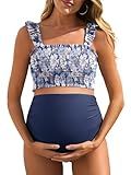 Summer Mae Maternity High Waist Bikini Swimsuit Two Piece Ruffled Hem Cute Bathing Suit Floral Pregnancy Swimwear Dewdrop Blooms Large