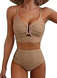 Herseas Womens High Waisted Bikini Sets Ribbed 2 Piece V Neck Swim Bathing Suit U-Wired Push Up Teen Swimsuits Girl Dark Brown Large