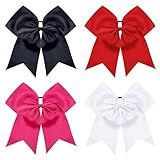 TUUXI 4pcs Large Cheering Hair Bows 8 Inch Cheerleading Bows with Elastic Hair Ties Bands Ponytail Holder for Cheerleaders Softball Football Competition College Sport Black Red Pink White