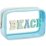 Sanwuta Seersucker Beach Bag Chenille Letter Clear Makeup Bag Preppy Travel Toiletry Pouch Large Striped Storage Organizer for Women, Pool & Vacation Essentials(Blue)