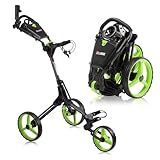 CUBE CART 3-Wheel Golf Push Cart – Ultra-Compact 14.5 lb Folding Golf Trolley, Two-Step Fold, Adjustable Handle, Foot Brake, Umbrella Holder & Built-in Storage - Charcoal/Lime