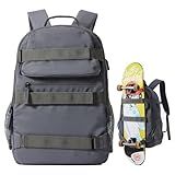 Skateboard Backpack, Large Skateboard Bag for Men and Women Laptop Bag with USB Port, for Skateboarding, College, Travel (Grey)