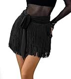 ELLYDOOR Fringe Dance Skirts for Women Teens Ballroom Latin Pencil Wrap Skirt Festive Rave Mini Skirt Black