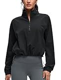 CRZ YOGA Drawstring Bottom Workout Jackets for Women - Half Zip Pullover Cropped Workout Outdoor Tops with Pockets Black Small