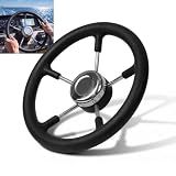 13 inch Boat Steering Wheel, Stainless Steel Marine Steering Wheel Adapter Fit 3/4" Tapered Shaft, 5 Spoke Black PU Foam Anti-Slip, Destroyer Style for Boats, Yachts, Pontoon Boats