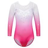 TFJH E Girls Gymnastic Leotards 3/4 Sleeve Ballet Bodysuit Athletic Tumbling Wear Gradient Rose 5A