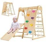 FUNLIO 8-in-1 Wood Indoor Playground for Kids 3-8 Years, Larger & Heavier Climbing Toys with Solid Pine, Indoor Gym for Kids with Swing/Slide/Climbing Rock/Net/2 Ladders/Monkey Bars/Gymnastic Rings