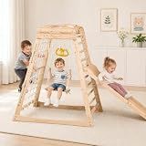 KizzParnrr Indoor Jungle Gym, Wooden Indoor Playground, (7 in 1) Toddler Climbing Toys, Gym with Slide, Climbing Net, Swing, Gymnastics Ring