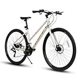 KWOJU 700C Road Hybrid Bike for Adult, 21-Speed Road Bike Road Bicycle Carbon Steel Frame/Dual-Disc Brakes/Multiple Colors (Cream)