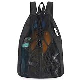 WANDF Swim Bag for Swimmers, Mesh Beach Backpack (M,Black)