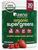 Zena Nutrition Organic Super Greens Powder, 70+ Superfoods, 0 Sugar, 3G Fiber, Spirulina, Chlorella, Antioxidants, Prebiotics/Probiotics, Digestive Enzymes, Mixed Berry, 30 Servings
