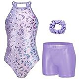 Zaclotre Girls Leotards for Gymnastics Sparkly Sleeveless Activewear Dance Outfits with Removable Shorts Purple Leopard 6-7Y