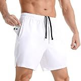 Gerlobal Men's 7" Athletic Running Shorts Lightweight Quick Dry Gym Workout Shorts with Zipper Pockets White,X-Large