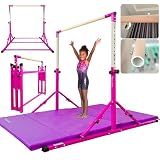 PreGymnastic Foldable Gymnastics Bar, 6FT Horizontal Bars, Folding Training Bar for Kids Ages 3-18, Weight Limit 500 LB, Adjustable kip Bar,Home Gym Equipment Indoor(Foldable Bar with Mat,Purple-Mat)