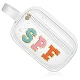 COSHAYSOO Clear Sunscreen Bag SPF Beach Vacation Essentials Waterproof Summer Pool Must Have Accessories for Women Teen Girls, Family Beach Day Organizer Toiletry Pouch Travel Gifts Preppy Letter