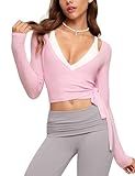 INGIA Womens V-Neck Long Sleeve Cross Wrap Top Slim Fit Soft Knit Layering Shirt Casual Yoga Gym Bandage Tie Tops Milk Pink Medium