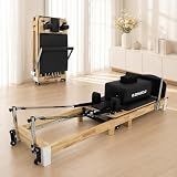 97 Inch Foldable Wooden Pilates Reformer Machine with Jump Board, Sitting Box, Yoga Block and Anti-Slip Mat - Easy Assembly Home Gym Equipment, Solid Wood Frame, 500 LBS Capacity, Wood Black