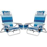 2Pk Aluminum Extra Wide 5-Position Lay Flat Folding Backpack Beach Chairs for Adults, with Cooler Bag, Cup&Phone Holder, Towel Bar for Outdoor Lawn Picnic Sport, Portable Camping Chairs, Blue Stripes