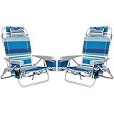 2Pk Aluminum Extra Wide 5-Position Lay Flat Folding Backpack Beach Chairs for Adults, with Cooler Bag, Cup&Phone Holder, Towel Bar for Outdoor Lawn Picnic Sport, Portable Camping Chairs, Blue Stripes