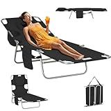 Majnesvon Folding Beach Lounge Chair with Face Hole and Arm Slots, 5-Level Adjustable Sun Lounger Tanning Chair with Pillow for Patio, Garden, Beach, Pool (Black)