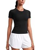 CRZ YOGA Seamless Short Sleeve Shirts for Women Breathable Running Workout Tops Athletic Gym Yoga Basic T-Shirts Black Small