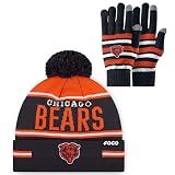 FOCO Chicago Bears NFL Stretch Glove & Big Wordmark Stripe Pom Beanie - Bundle Team Color