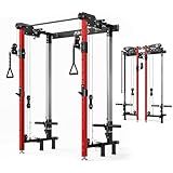 Mikolo Folding Squat Rack, Wall Mounted Power Rack with Cable Crossover Machine & LAT Pull Down, Functional Trainer with 5 Adjustable Function Modes, for Home Gym and Space Saving (Red)