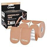 CKeep Kinesiology Tape, 2 Rolls Cotton Latex Free Hypoallergenic Elastic Precut Strips, 2 Inch Wide Waterproof Athletic Tape for Knees Pain Injuries Sprains, Beige