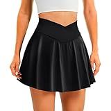 DLOODA Womens Tennis Skirt with Pockets Shorts Crossover High Waisted Athletic Skorts Skirts for Golf Running Workout Black M