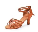 Rosefinch Women's Latin Dance Shoes Satin Professional Ballroom Salsa Practice Performance Wedding Dancing Shoes，Dance High Heels for Women Brown（2.75 inch Heel）