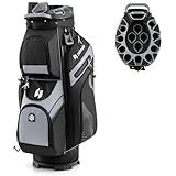 ULTIMATE 14-Way Golf Cart Bag, Lightweight Golf Bag w/Molded Lock Top & Full Length Dividers, Portable Golf Club Bag w/11 Pockets, Cooler Bag, Padded Strap & Rain Hood for Men Women (Black+Grey)