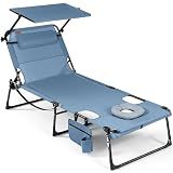 Tanning Chair with Face Hole & Canopy, Folding Reclining Beach Lounger