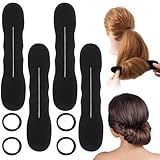 4 Pack Hair Bun Maker with Hair Ties Non-Slip Foam Sponge Shapers Reusable Magic Buns Curler Snap Roll Clips Styling Accessories Easy Bun Twister for Ballet French Twist Long Thin Curly Straight Wavy