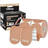 CKeep Kinesiology Tape, 2 Rolls Cotton Latex Free Hypoallergenic Elastic Precut Strips, 2 Inch Wide Waterproof Athletic Tape for Knees Pain Injuries Sprains, Beige