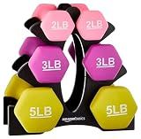 Amazon Basics Neoprene Dumbbell Hand Weights with Stand, Rack with 3 Pairs (2, 3, and 5 pound), Non-Slip Hexagon, Pink/Purple/Green