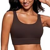 CRZ YOGA Butterluxe U Back Longline Sports Bras for Women - Scoop Neck Padded Yoga Workout Crop Top with Built in Pads Hot Fudge Brown Small
