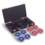 Hathaway Shuffleboard Pucks Set of 8 – Regulation Sized Shuffleboard Discs with Dimpled Top for Easy Grip & Beveled Edge for Better Control, & Sturdy Dark Cherry Wooden Case – Shuffleboard Accessories