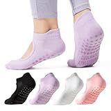 COOLMATE Pilates Socks with Grips for Women, Yoga Socks, Crew Non Slip Women for Workout, Barre, Pilates Gifts(4 Pairs) (US, Numeric, 6, 10, Regular, Regular, Pink/White/Light Purple/Black)