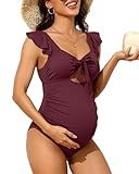 Charmo Women Ruffle Maternity One Piece Swimsuits Adjustable Shoulder Straps Pregnancy Swimwear Ruched Cutout Swimwear Red