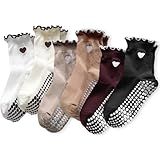 DZSoCoki Grip Socks Pilates,4/6Pairs Cotton Cute Pilates Socks for Women, Ruffle Grippy Sock for Yoga Barre Hospital 5-10in (6PairsHeart-Black+White+khaki+Beige+ Dark Brown+ Coffee)