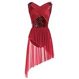 AFAVOM Women's Lyrical Dance Costume Sleeveless V-Neck Sequin Flower Lyrical Dance Dress Asymmetric Flowy Mesh Tulle Skirt Contemporary Dance Costumes Ballet Leotard Dancewear Wine Red S